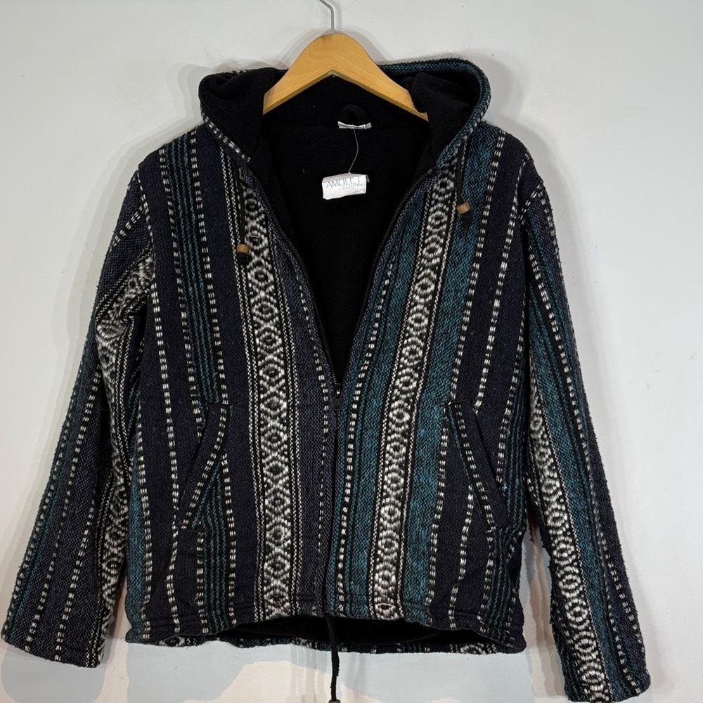 Nepalese brushed wool jacket blue striped 100% wool size small NWT